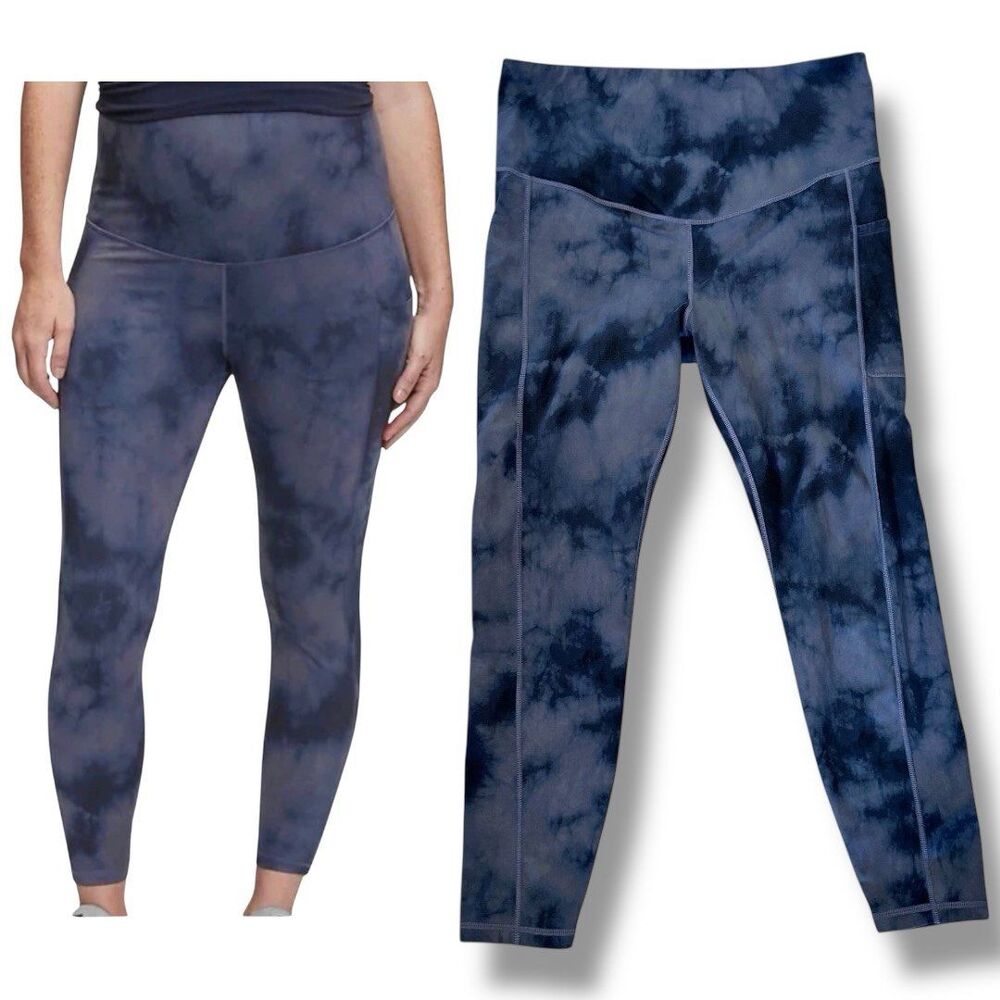 GapFit Maternity 7/8 Power Leggings Blue Black Tie Dye size Large Workout Gap